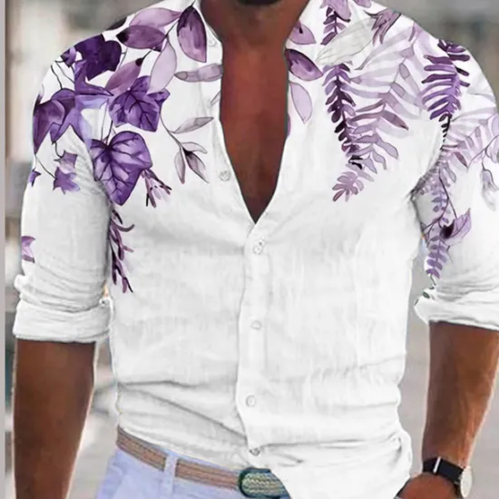 Outlet OUKU Men's Plant Shirt Linen Shirt Casual Shirt Long Sleeve Modern Contemporary Casual Hawaiian Vacation Going out Beach Summer Spring Turndown Print Button-Down Blue Purple Green Coffee