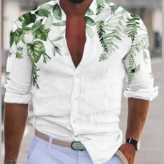 Outlet OUKU Men's Plant Shirt Linen Shirt Casual Shirt Long Sleeve Modern Contemporary Casual Hawaiian Vacation Going out Beach Summer Spring Turndown Print Button-Down Blue Purple Green Coffee