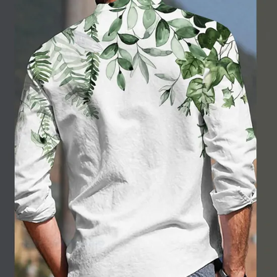 Outlet OUKU Men's Plant Shirt Linen Shirt Casual Shirt Long Sleeve Modern Contemporary Casual Hawaiian Vacation Going out Beach Summer Spring Turndown Print Button-Down Blue Purple Green Coffee