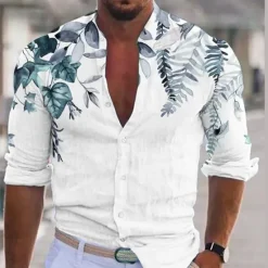 Outlet OUKU Men's Plant Shirt Linen Shirt Casual Shirt Long Sleeve Modern Contemporary Casual Hawaiian Vacation Going out Beach Summer Spring Turndown Print Button-Down Blue Purple Green Coffee
