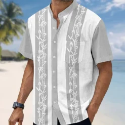 New OUKU Men's Plants Bamboo Shirt Stand Collar Shirt Short Sleeve Fashion Casual Vacation Holiday Beach Wear Summer Spring Mandarin Collar Band Collar Grandad Collar Button Up 3D Print Linen Like Shirt Blue