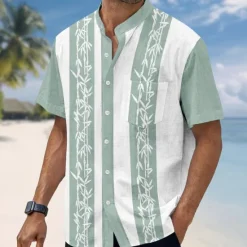 New OUKU Men's Plants Bamboo Shirt Stand Collar Shirt Short Sleeve Fashion Casual Vacation Holiday Beach Wear Summer Spring Mandarin Collar Band Collar Grandad Collar Button Up 3D Print Linen Like Shirt Blue