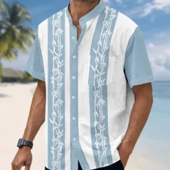 New OUKU Men's Plants Bamboo Shirt Stand Collar Shirt Short Sleeve Fashion Casual Vacation Holiday Beach Wear Summer Spring Mandarin Collar Band Collar Grandad Collar Button Up 3D Print Linen Like Shirt Blue