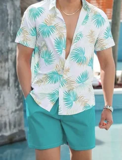New OUKU Men's Plants 2pcs Shirts Sets Summer Tops Short Sleeve Turndown Casual Outdoor Home Casual 3D Print Orange red Robin's Egg Blue Green