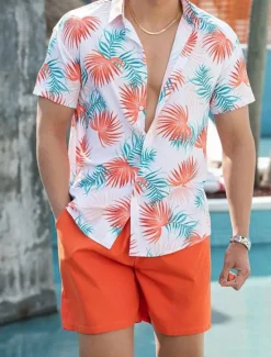 New OUKU Men's Plants 2pcs Shirts Sets Summer Tops Short Sleeve Turndown Casual Outdoor Home Casual 3D Print Orange red Robin's Egg Blue Green