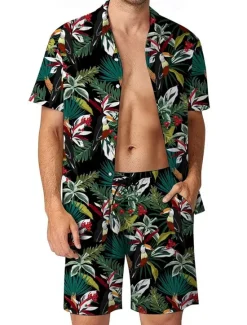 Sale OUKU Men's Plants Skulls 2pcs Shirts Sets Summer Hawaiian Shirt Short Sleeve Short Pants Turndown Vacation Casual Outdoor Home Casual 3D Print Summer Robin's Egg Blue Black Amethyst