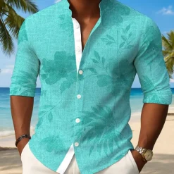 Best OUKU Men's Plants Tropical Leaf Shirt Button Up Shirt Stand Collar Shirt Long Sleeve Hawaiian Outdoor Vacation Daily Spring Fall Mandarin Collar Band Collar 3D Print Linen Like Shirt Light Blue Blue