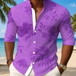 Best OUKU Men's Plants Tropical Leaf Shirt Button Up Shirt Stand Collar Shirt Long Sleeve Hawaiian Outdoor Vacation Daily Spring Fall Mandarin Collar Band Collar 3D Print Linen Like Shirt Light Blue Blue