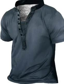 Best OUKU Men's Plus Size Big Tall T shirt Tee Tee Stand Collar Blue Green Gray Short Sleeves Outdoor Going out Button-Down Plain Clothing Apparel Cotton Blend Streetwear Stylish Casual