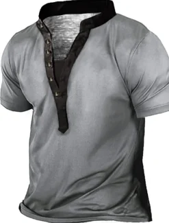 Best OUKU Men's Plus Size Big Tall T shirt Tee Tee Stand Collar Blue Green Gray Short Sleeves Outdoor Going out Button-Down Plain Clothing Apparel Cotton Blend Streetwear Stylish Casual