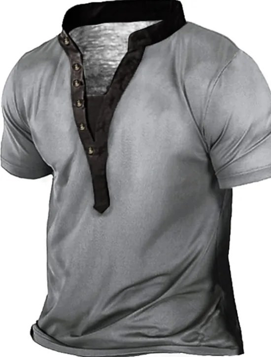 Best OUKU Men's Plus Size Big Tall T shirt Tee Tee Stand Collar Blue Green Gray Short Sleeves Outdoor Going out Button-Down Plain Clothing Apparel Cotton Blend Streetwear Stylish Casual