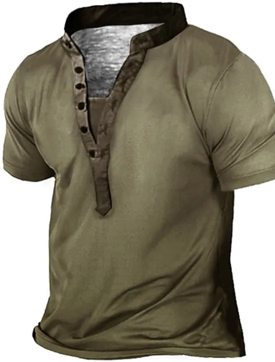 Best OUKU Men's Plus Size Big Tall T shirt Tee Tee Stand Collar Blue Green Gray Short Sleeves Outdoor Going out Button-Down Plain Clothing Apparel Cotton Blend Streetwear Stylish Casual