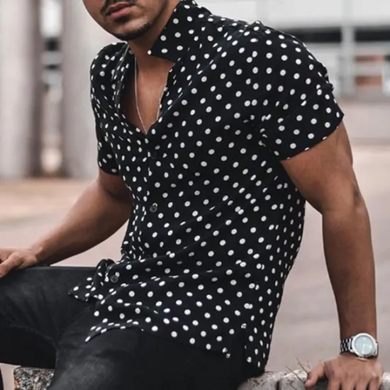 Clearance OUKU Men's Polka Dot Geometric Pattern Shirt Button Up Shirt Short Sleeve Sports Fashion Designer Daily Holiday Summer Spring Turndown Print Black
