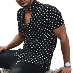 Clearance OUKU Men's Polka Dot Geometric Pattern Shirt Button Up Shirt Short Sleeve Sports Fashion Designer Daily Holiday Summer Spring Turndown Print Black