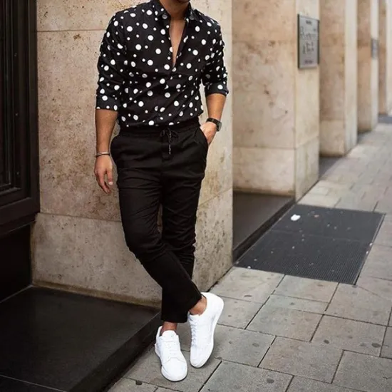 Online OUKU Men's Polka Dot Geometric Pattern Shirt Button Up Shirt Long Sleeve Fashion Streetwear Designer Street Casual Daily Collar Black White Blue Purple