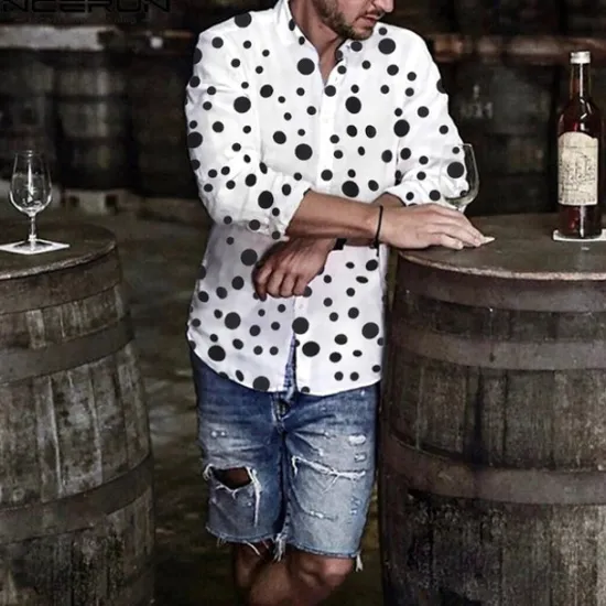 Online OUKU Men's Polka Dot Geometric Pattern Shirt Button Up Shirt Long Sleeve Fashion Streetwear Designer Street Casual Daily Collar Black White Blue Purple