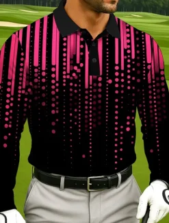 Clearance OUKU Men's Polka Dot Golf Polo Sports Polo Shirts Long Sleeve Polo Shirts Lapel Business Casual Athleisure Daily Wear 3D Print Buttons Spring Fall Winter Black Red Blue