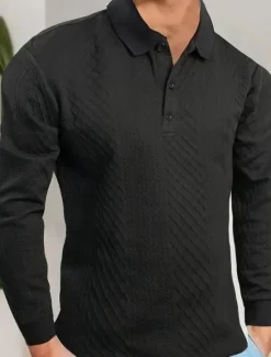 Online OUKU Men's Polo Business Casual Lapel Long Sleeve Fashion Modern Solid Color Jacquard Buttons Spring Fall Winter Grey Black White Navy Blue Brown Army Green Polo