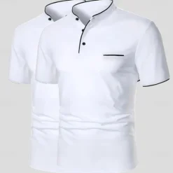 Hot OUKU Men's Polo Casual Holiday Stand Collar Short Sleeve Leisure Comfortable Plain Buttons Summer White + Navy White + White White + Black White + Red Polo