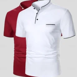 Hot OUKU Men's Polo Casual Holiday Stand Collar Short Sleeve Leisure Comfortable Plain Buttons Summer White + Navy White + White White + Black White + Red Polo