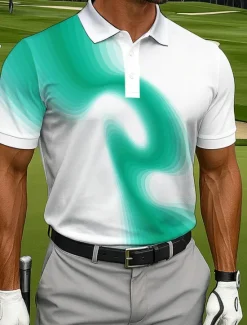 Best OUKU Men's Polo Casual Sports Turndown Short Sleeve Fashion Modern Geometic Golf 3D Print Buttons Summer Violet Lake Blue Blue Polo