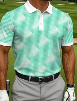 Sale OUKU Men's Polo Casual Sports Turndown Short Sleeve Fashion Leisure Geometic Golf 3D Print Buttons Summer Lake Blue Blue Sky Blue Polo