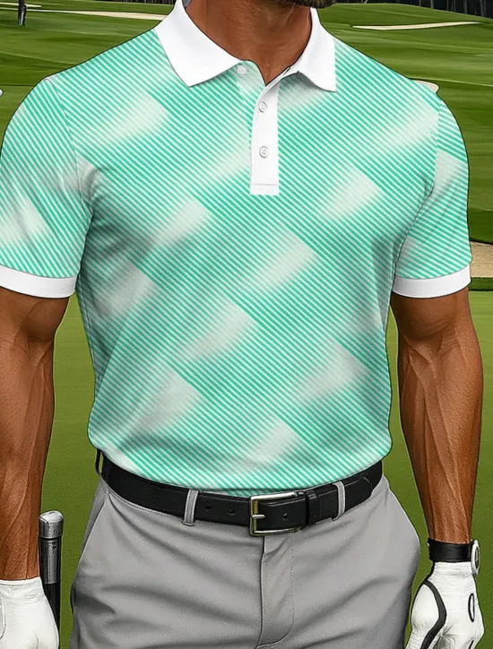 Sale OUKU Men's Polo Casual Sports Turndown Short Sleeve Fashion Leisure Geometic Golf 3D Print Buttons Summer Lake Blue Blue Sky Blue Polo