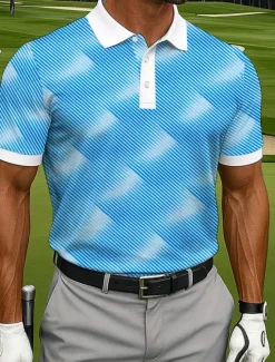 Sale OUKU Men's Polo Casual Sports Turndown Short Sleeve Fashion Leisure Geometic Golf 3D Print Buttons Summer Lake Blue Blue Sky Blue Polo
