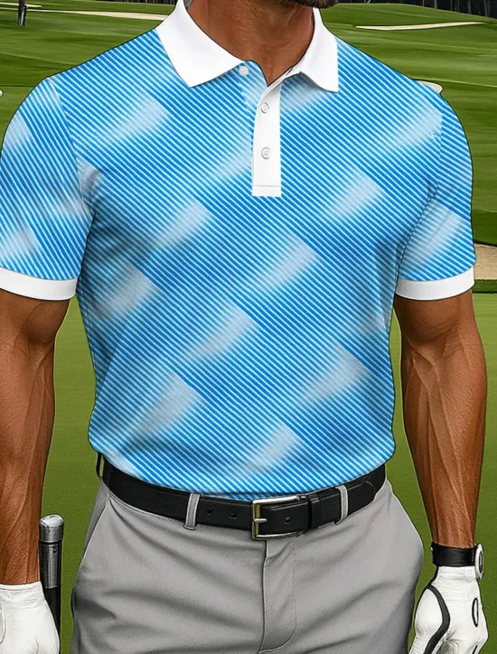 Sale OUKU Men's Polo Casual Sports Turndown Short Sleeve Fashion Leisure Geometic Golf 3D Print Buttons Summer Lake Blue Blue Sky Blue Polo