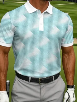 Sale OUKU Men's Polo Casual Sports Turndown Short Sleeve Fashion Leisure Geometic Golf 3D Print Buttons Summer Lake Blue Blue Sky Blue Polo