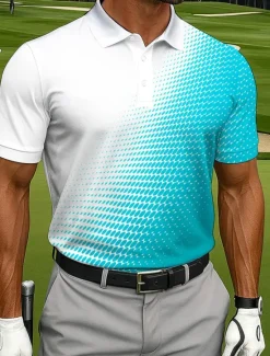 Hot OUKU Men's Polo Casual Sports Turndown Short Sleeve Fashion Leisure Geometic Golf 3D Print Buttons Summer Violet Lake Blue Blue Polo