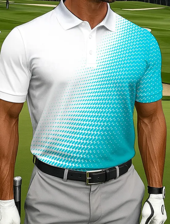 Hot OUKU Men's Polo Casual Sports Turndown Short Sleeve Fashion Leisure Geometic Golf 3D Print Buttons Summer Violet Lake Blue Blue Polo