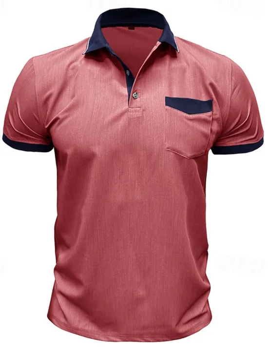 Online OUKU Men's Polo Golf Shirt Business Casual Classic Short Sleeve Fashion Solid Color Buttons Pocket Summer Spring Regular Fit Denim Blue Red Navy Blue Dark Gray Light Grey Green Polo