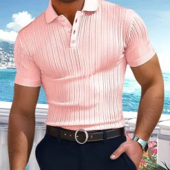 Online OUKU Men's Polo Golf Shirt Business Casual Ribbed Polo Collar Classic Short Sleeve Basic Modern Solid Color Knitted Ribbed Spring & Summer Regular Fit Light Blue Pink Green Polo