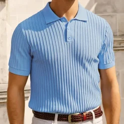 Online OUKU Men's Polo Golf Shirt Business Casual Ribbed Polo Collar Classic Short Sleeve Basic Modern Solid Color Knitted Ribbed Spring & Summer Regular Fit Light Blue Pink Green Polo