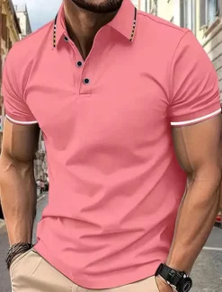 OUKU Men's Polo Golf Shirt Street Casual Lapel Short Sleeve Fashion Modern Color Block Buttons Summer Black White Pink Wine Navy Blue Royal Blue Polo
