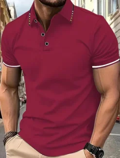 OUKU Men's Polo Golf Shirt Street Casual Lapel Short Sleeve Fashion Modern Color Block Buttons Summer Black White Pink Wine Navy Blue Royal Blue Polo