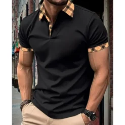 Hot OUKU Men's Polo Shirt Button Up Polos Casual Holiday Lapel Short Sleeve Fashion Basic Plaid Color Block Patchwork Summer Regular Fit Black White Red Navy Blue Sky Blue Beige Polo Shirt