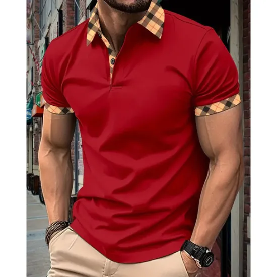 Hot OUKU Men's Polo Shirt Button Up Polos Casual Holiday Lapel Short Sleeve Fashion Basic Plaid Color Block Patchwork Summer Regular Fit Black White Red Navy Blue Sky Blue Beige Polo Shirt