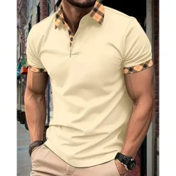 Hot OUKU Men's Polo Shirt Button Up Polos Casual Holiday Lapel Short Sleeve Fashion Basic Plaid Color Block Patchwork Summer Regular Fit Black White Red Navy Blue Sky Blue Beige Polo Shirt