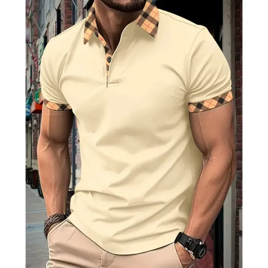Hot OUKU Men's Polo Shirt Button Up Polos Casual Holiday Lapel Short Sleeve Fashion Basic Plaid Color Block Patchwork Summer Regular Fit Black White Red Navy Blue Sky Blue Beige Polo Shirt