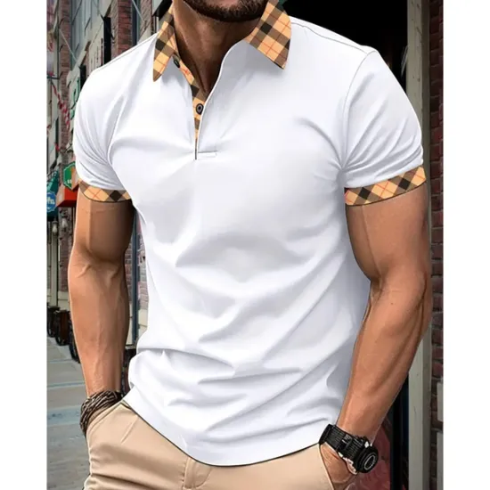 Hot OUKU Men's Polo Shirt Button Up Polos Casual Holiday Lapel Short Sleeve Fashion Basic Plaid Color Block Patchwork Summer Regular Fit Black White Red Navy Blue Sky Blue Beige Polo Shirt