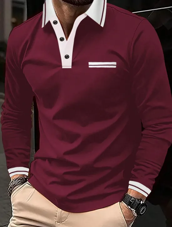 Clearance OUKU Men's Polo Shirt Button Up Polos Casual Sports Lapel Long Sleeve Fashion Basic Color Block Button Pocket Spring & Fall Regular Fit Navy Wine Dark Gray Light Grey Polo Shirt