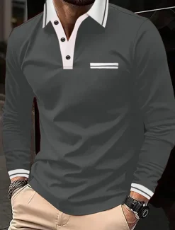 Clearance OUKU Men's Polo Shirt Button Up Polos Casual Sports Lapel Long Sleeve Fashion Basic Color Block Button Pocket Spring & Fall Regular Fit Navy Wine Dark Gray Light Grey Polo Shirt