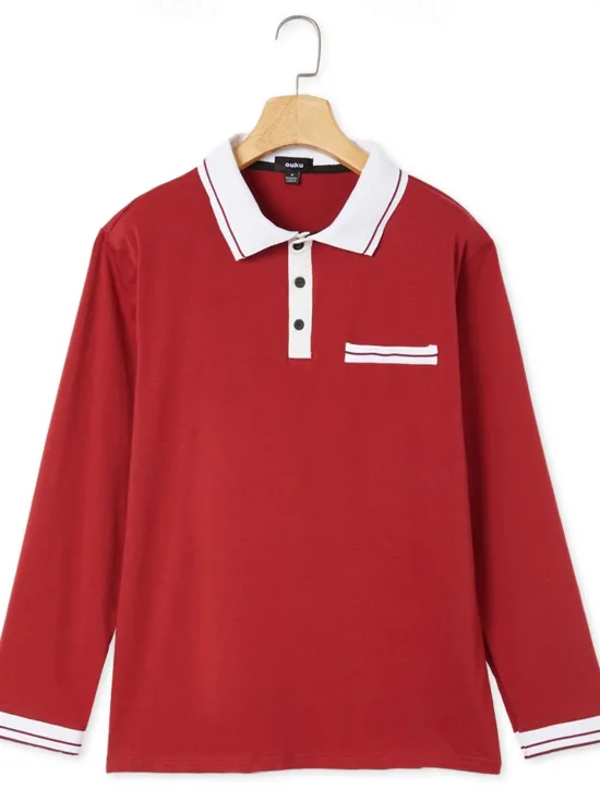 Clearance OUKU Men's Polo Shirt Button Up Polos Casual Sports Lapel Long Sleeve Fashion Basic Color Block Button Pocket Spring & Fall Regular Fit Navy Wine Dark Gray Light Grey Polo Shirt