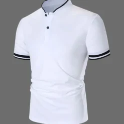 Discount OUKU Men's Polo Shirt Collarless Golf Shirts Casual Holiday Stand Collar Short Sleeve Fashion Basic Plain Button Summer Regular Fit Black White Burgundy Polo Shirt