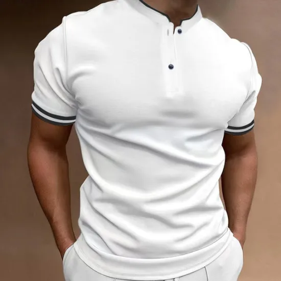 Discount OUKU Men's Polo Shirt Collarless Golf Shirts Casual Holiday Stand Collar Short Sleeve Fashion Basic Plain Button Summer Regular Fit Black White Burgundy Polo Shirt