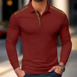 Online OUKU Men's Polo Shirt Golf Polo Street Business Turndown Ribbed Polo Collar Long Sleeve Fashion Basic Solid Color Patchwork Fall Winter Cross-Seasons Regular Fit Black White Yellow Burgundy Polo Shirt