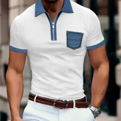 Sale OUKU Men's Polo Shirt Golf Shirt Casual Holiday Lapel Quarter Zip Short Sleeve Fashion Basic Color Block Quarter Zip Summer Regular Fit Light Blue Black White Khaki Dark Grey Polo Shirt
