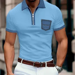 Sale OUKU Men's Polo Shirt Golf Shirt Casual Holiday Lapel Quarter Zip Short Sleeve Fashion Basic Color Block Quarter Zip Summer Regular Fit Light Blue Black White Khaki Dark Grey Polo Shirt